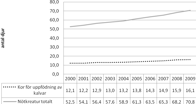 Figur 6 visar utvecklingen av den genomsnittliga besättningsstorleken för dikor (specialiserad nötköttsproduktion) och för nötkreatur totalt (inklusive mjölkkor).