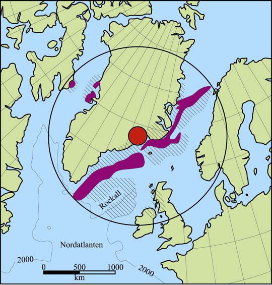 Fig. 11. Rekonstruktion av norra Nordatlanten vid magnetiska anomalin 23 just vid inledningen av oceanbottenspridningen (modifierad efter White, 1989).