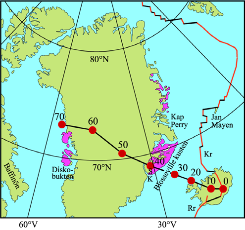 Fig. 12. Den föreslagna banan för den isländska hetfläcken under Grönland och dess nuvarande läge.