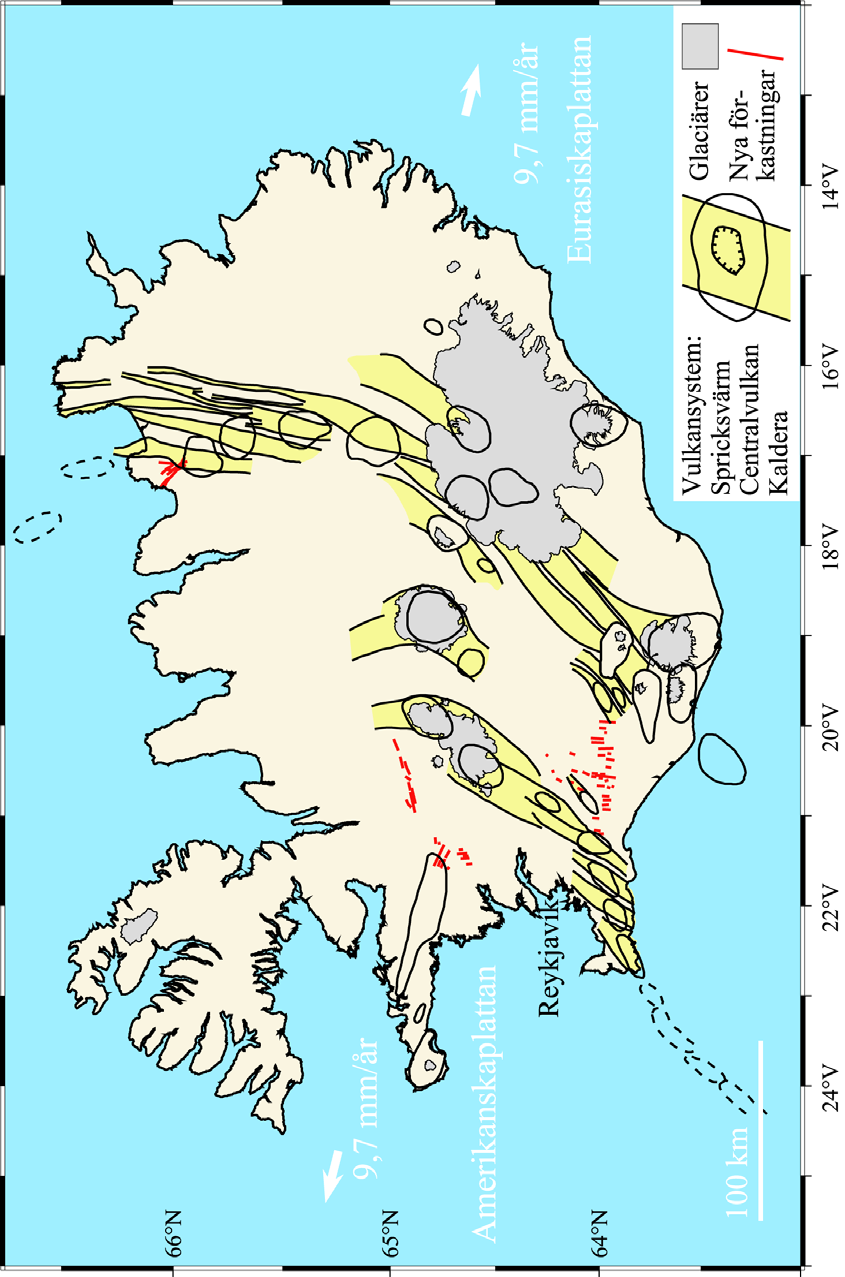 Fig. 16. Karta över vulkansystem med centralvulkaner och samt fissursvärmar på Island.