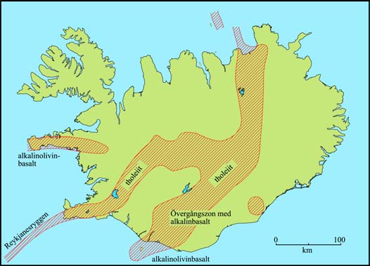 Fig. 30. Fördelningnen av basalttyper i den aktiva vulkanzonen.