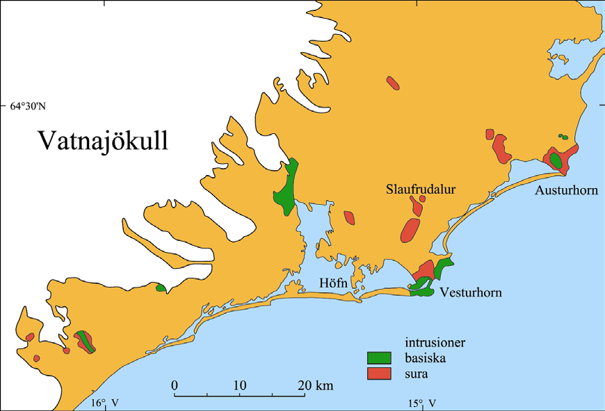 Fig. 37. Geologisk karta över de basiska och sura intrusionerna vid Höfn.