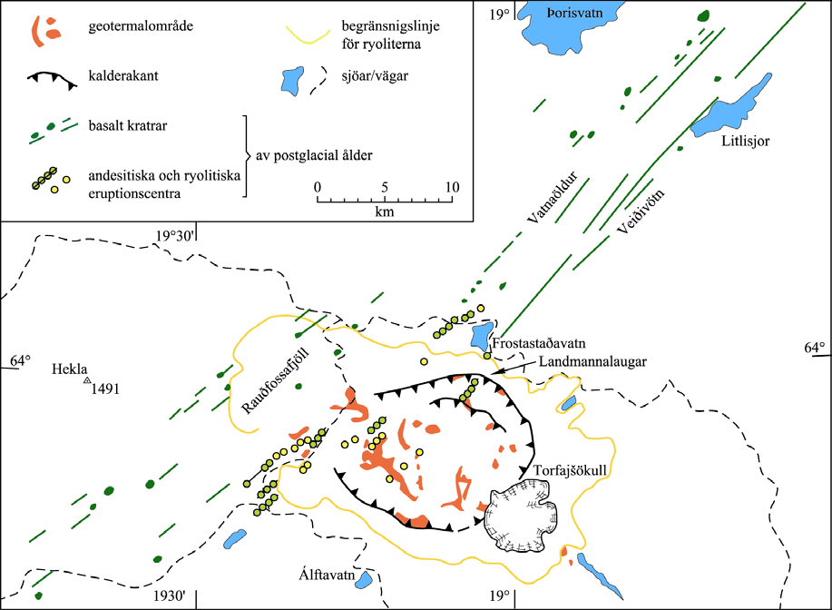 Fig. 50. Torfajökulls centralvulkan som klipps av det nordöstliga - sydvästligt strykande Veiðivötn-fissursystemet (modifierat efter Sœmundsson, 1972). Hekla Hekla är nog Islands mest kända vulkan.