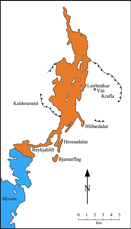 Fig. 59. Utbredning av lava producerad under Mývats-eldarna 1724-1729 (modifierad efter Grönvold, 1984). Krafla-kalderans kant och Mývatn är även markerade. Lavan som genererades täcker ca.