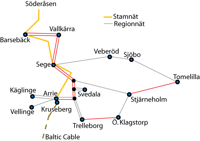 Normal driftläggning När det råder hög konsumtion i området och hög import från Danmark och Tyskland överlastas ledningen mellan Stjärneholm och Tomelilla med cirka 10 %. Figur 3.