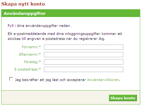 Nya användare kan erhålla inloggningsuppgifter genom att registrera sig och ta del av villkoren via länken under Ny