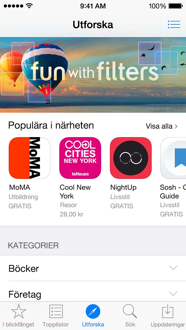 Vill du berätta om en app för en vän? Leta reda på appen, tryck på Se AirDrop på sidan 37. och välj en metod. Använd Önskelista.