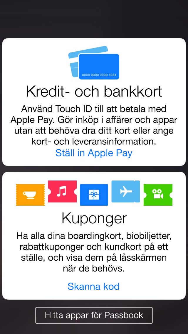 Lägg till ett kredit- eller bankkort. Dra ned kupongtraven och tryck på. Tryck sedan på Ställ in Apple Pay (eller Lägg till ett kort om du redan har lagt till ett kontokort).