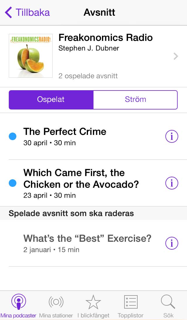 Titta eller lyssna på ett smakprov eller strömma ett avsnitt. Tryck på podcasten och sedan på ett avsnitt. Visa ospelade avsnitt. Visa tillgängliga avsnitt.