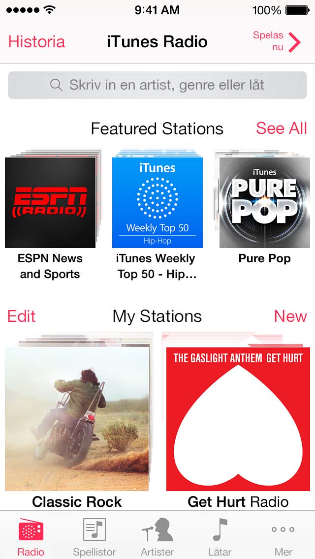Obs! itunes Radio kanske inte är tillgänglig i alla områden. Mer information om itunes Radio finns på support.apple.com/kb/ht5848?viewlocale=sv_se. Spela en station genom att trycka.