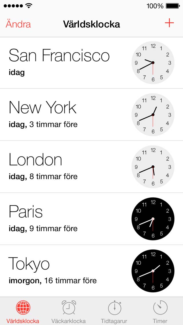Lägg till klockor som visar aktuell tid i andra större städer och tidszoner.