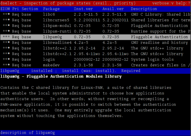 4.2 Debian GNU/Linux Figur 4.5: Här syns det något skräckinjagande programmet dselect som används för att välja paket under Debian-installation.