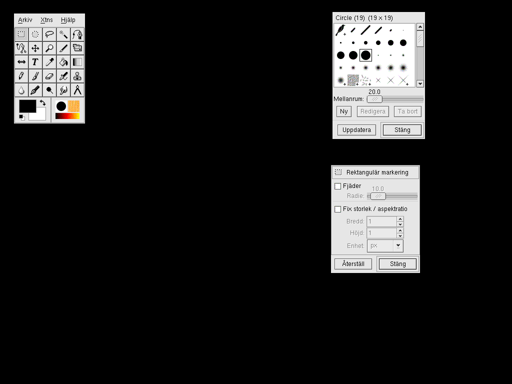 Kapitel 6 Fönstersystemet X Figur 6.2: Den mest avskalade X-servern, den primitiva skärm som X erbjuder, har detta spartanska utseende. Här med programmet GIMP startat.