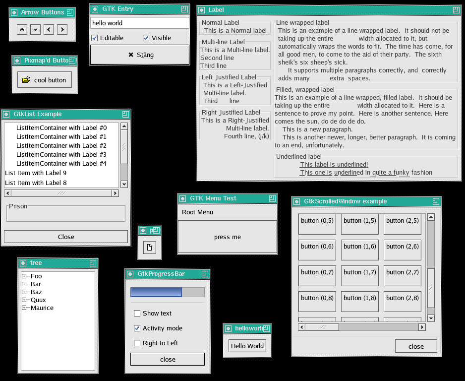 6.6 Skrivbordsmiljöer Figur 6.15: Några av de widget:ar (manicker) som tillhandahålls av GTK+. För en historisk tillbakablick på skrivbordsmiljöerna för POSIX-system börjar vi dock med CDE. 6.6.1 Motif och CDE I begynnelsen fanns Athena-projektet, och inte ens de orkade använda det mycket krångliga programmeringsgränssnittet i X.