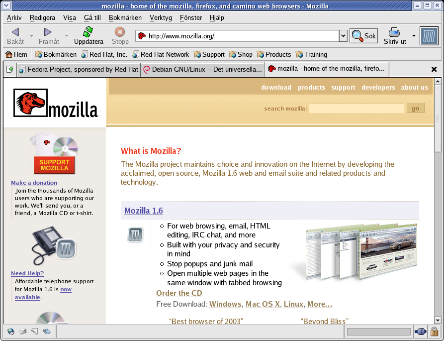 11.2 World Wide Web-bläddring Figur 11.4: Mozilla brukar användas till all form av webbsurfande. Här visas de flikar som gör det möjligt att besöka flera webbsajter från ett och samma Mozillafönster.
