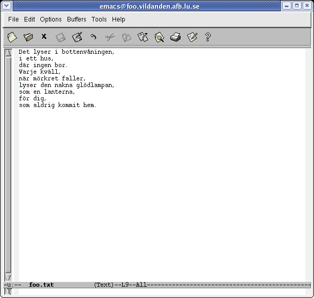 2.3 POSIX innehåll Figur 2.18: En fil som editeras med EMACS. Det som visas är den version av EMACS som anpassats för GNOME. du kan fortsätta använda skalet till något annat efteråt.