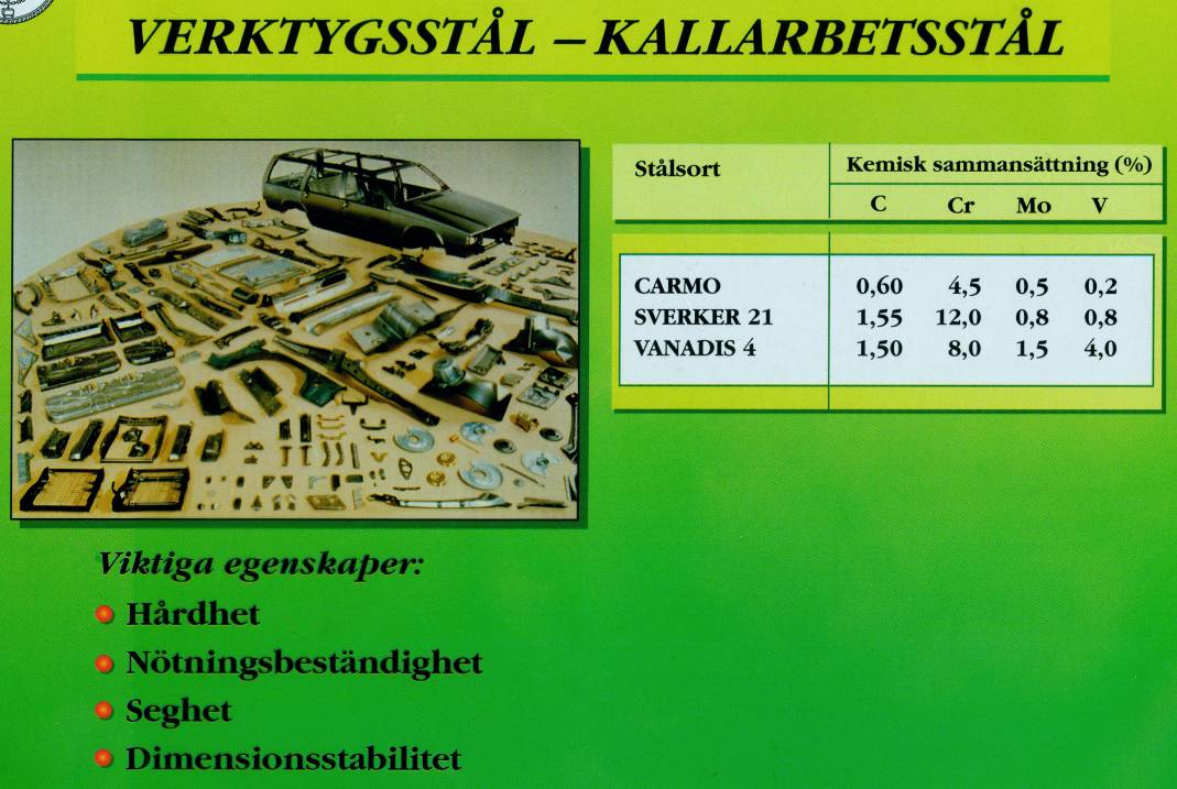 Kallarbetsstål Kallarbetsstål används i verktyg för klippning, stansning, bockning och formning vid temperaturer under ca 100 C.