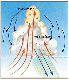 Uppdrivningen nära mitten av molnet är starkare än uppdrivningen nära de yttre delarna av molnen. 2 Detta medför att molnet växer vertikalt, så att molnen staplas uppåt (se figur 19 (B), 20 och 21).