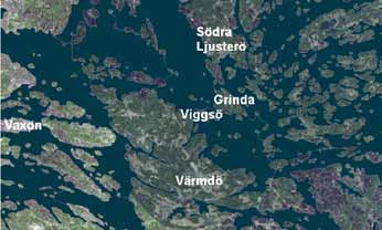 Figur 12. Ortofoto med bebyggelse i lila över norra Värmdö och Södra Ljusterö. Skala 1:100 000. Några strategiskt viktiga platser från förslag 3 är utmärkta med namn.