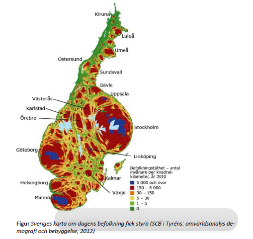 Det sker en urbanisering i Sverige. Allt fler flyttar från landsbygd till storstad. Om Sveriges karta skulle ritas om efter var vi bor idag skulle Sverige se ut som på bilden.