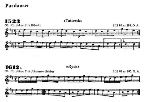 Tattersk och rysk Spelmän från Petalax, Malax, hade både ryska och tatterska på repertoaren. Här har de tillrättalagts på så sätt att de har placerats in under rubriken pardanser.