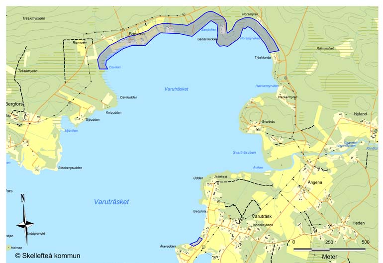 14 föreslagna områden som inte uppfyller kriterier för lis varuträsk (bostäder) Det norra området innefattar höga naturvärden så som löv/ bland-sumpskog, tjocka vass/vegetationsbälten i vikarna.