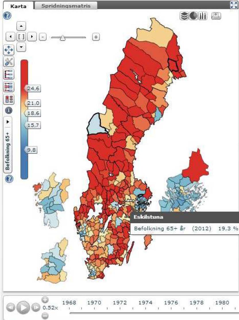 BIBLIOTEKEN OCH DEN NYA OLJAN : DATA OCH VISUALISERINGAR Figur 1. Procentuell andel invånare över 65 år i Sveriges kommuner år 1968 (SCB 2013). Figur 2.