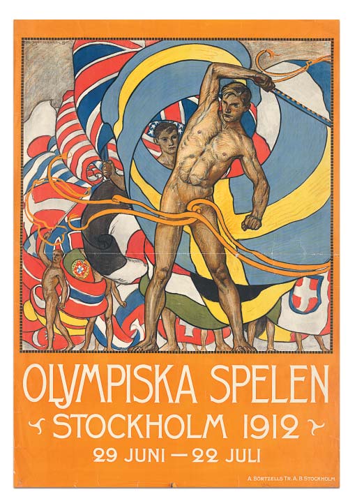 Affisch från Stockholms olympiska spel 1912. Illustrationen föreställer den»nya människan«, som var ett ärftligt och fysiskt ideal för många européer.