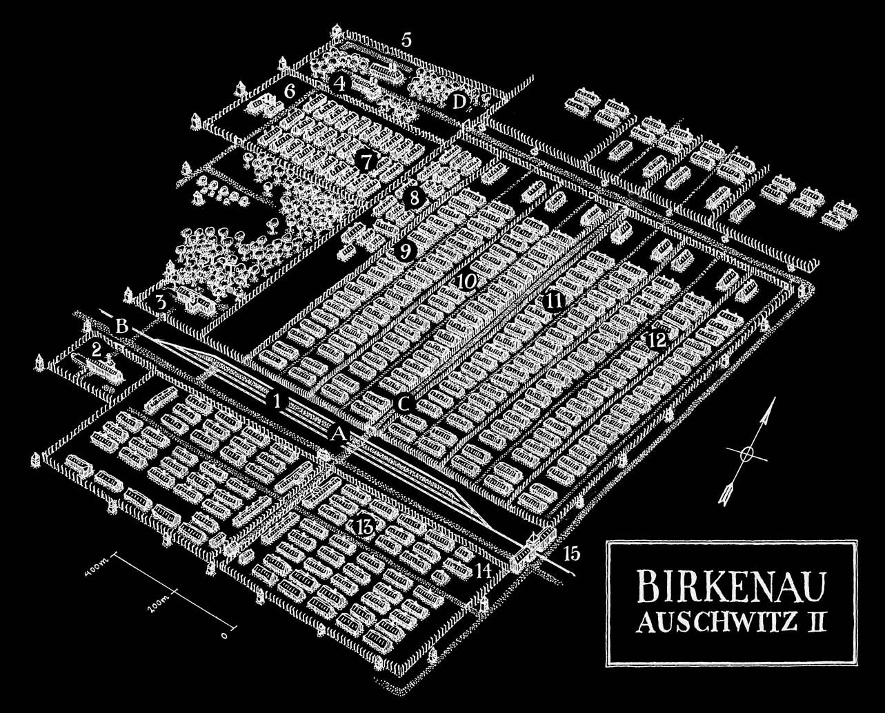 Bilder från Birkenau i boken A. Rampens norra del (s. 78) B. Kvinnor och barn utanför krematorium 2 (s. 79) C. Kvinnor och barn på väg till krematorium 4 eller 5 (s. 80) D.