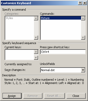 För att göra detta klickar vi på Format i Figur 4 och väljer Short cut key. I Figur 7 har [Ctrl] + [4] valts som genväg för formatmallen Picture.