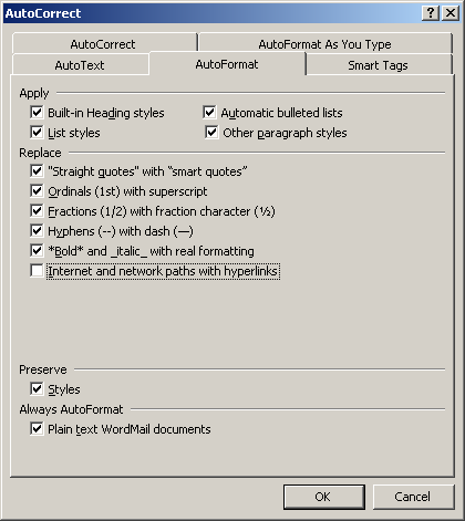 Word och Excel en enkel handledning. Word Revision 2008-02-06 Figur 18. Styrning av autoformat 1.15.