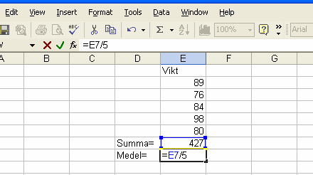 När man börjar med = i en cell betyder detta att en beräkning ska utföras, i detta fall