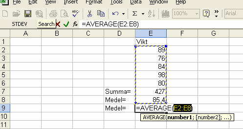 Vi ska nu testa att beräkna medelvärdet genom att använda en färdig funktion.