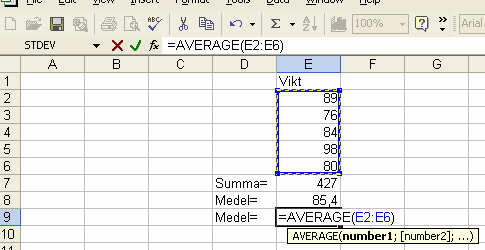 Excel föreslår en beräkning av medelvärde för värdena i cell E2 till E8, men detta är inte vad vi vill ha, använd markören och