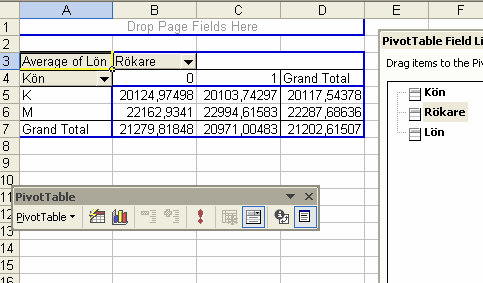 Klicka OK / Finish : Som vi kan se har kvinnorna i snitt 20117,5 kr i måndadslön, männen 22287,7 kr/mån.