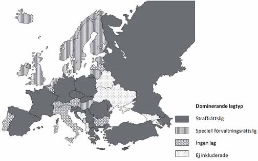 Figur 1. Dominerande lagtyp om tvångsvård i Europa (n=38). Notera att storleken på Figur 1 inte tillåter att Malta presenteras korrekt, Malta har ingen lag om tvångsvård.