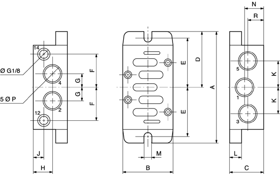 Singelbottenplatta med sidoanslutning enligt VDMA - dimensioner Storlek Anslut- A B C D E F G H I J K L M N O ISO ning P2N-VS512SD 1 G1/4 21,5 98 110