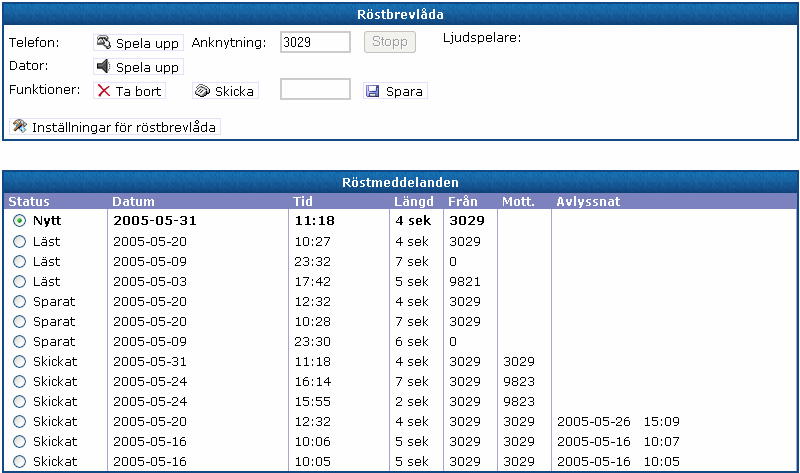 Vyn för Röstbrevlådan Vidarebefordra röstmeddelande till en annan anknytning 1. Välj det röstmeddelande du vill vidarebefordra ur listan med meddelanden. 2.