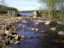 Foto: Lars-Göran Pärlklint, Fisk- och Vattenvård. Figur 7. Utloppsdämme vid Storsjön; Strömbäcken i Lögdeälven.