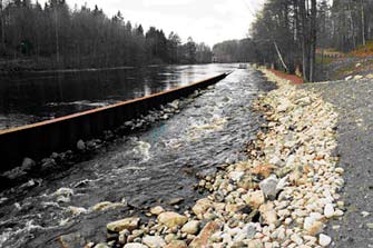 Figur 5. Hemsjö övre fiskväg anlagd som ett inlöp parallellt med Mörrumsån. Stålspont har körts ned i bottnen, s.k. Larssenspont som används i hamnar.