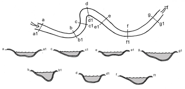 grundare grusbäddar mellan meanderbågarna och djupa ytterkurvor i meandern (Figur 12). Naturliga vattendrag följer naturligtvis inte den idealiserade formen i Figur 11.