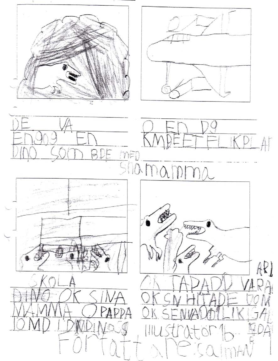Följande saga var en elevs individuella text i anslutning till den gemensamma sagan om dinosaurien Dino i skolår 1.