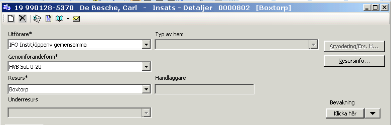 15 Fönstret Insats - Detaljer visas. 1. Välj Utförare från drop-down listan. Här visas möjliga utförare. HVB registreras under IFO Instit/öppenv gemensamma. 2.