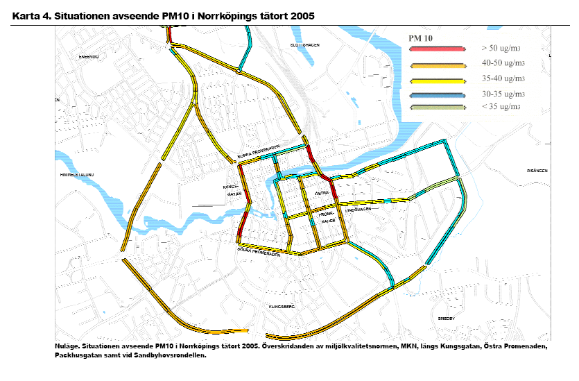 Figur 13. Situationen avseende PM 10 i Norrköpings tätort 2005.