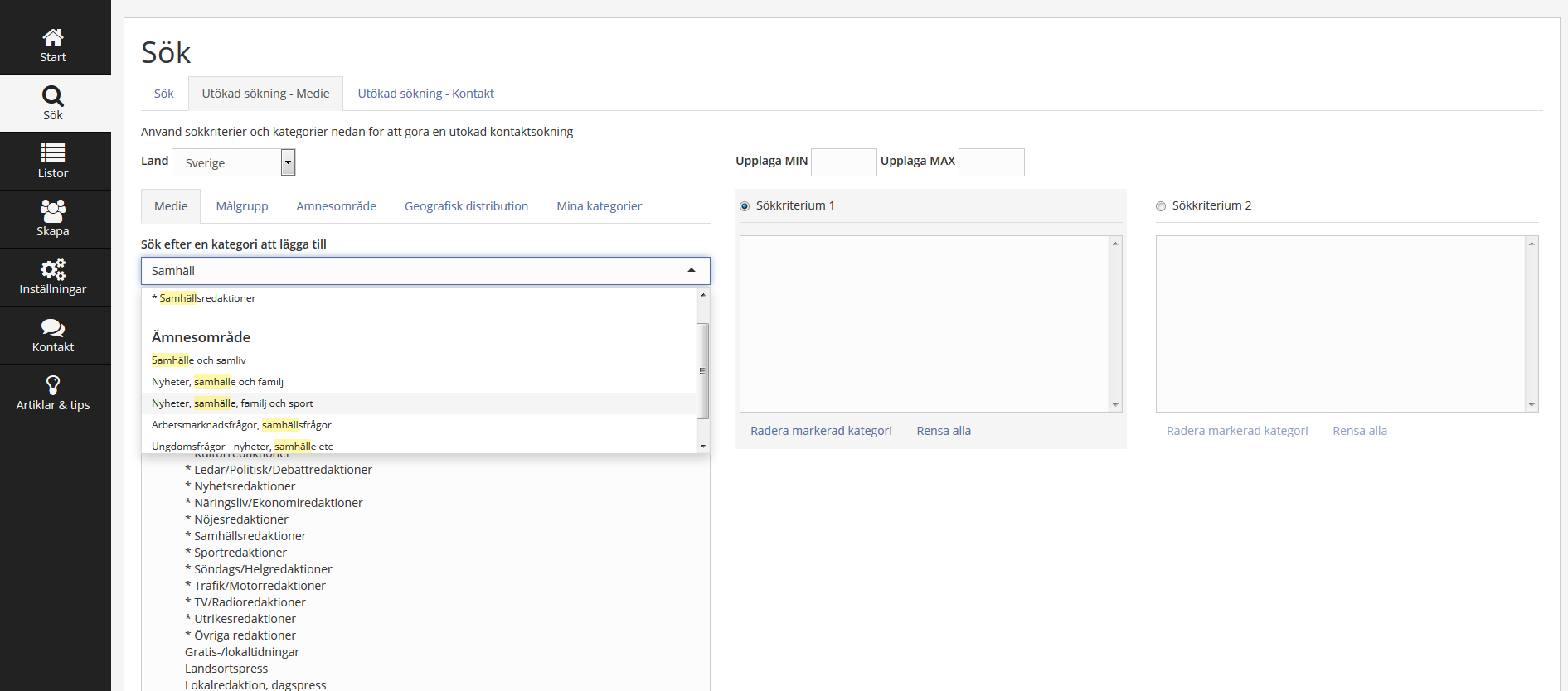 Här hittar du de olika kategorierna för sökning på medienivå.