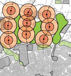 Utbyggnadsmodell Tätorterna är uppbyggda ungefär som mindre städer med en kärna som har en täthet motsvarande Limhamns centrum eller Kirseberg och en periferi med lägre bostadsbebyggelse och