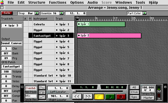 Metod Figur 4.1 Arrangefönstret i Cubase Score. Spår 1 - Spår 9 har initialt midikanalerna 1-9 inställda med instrumentljudet Flygel (1).