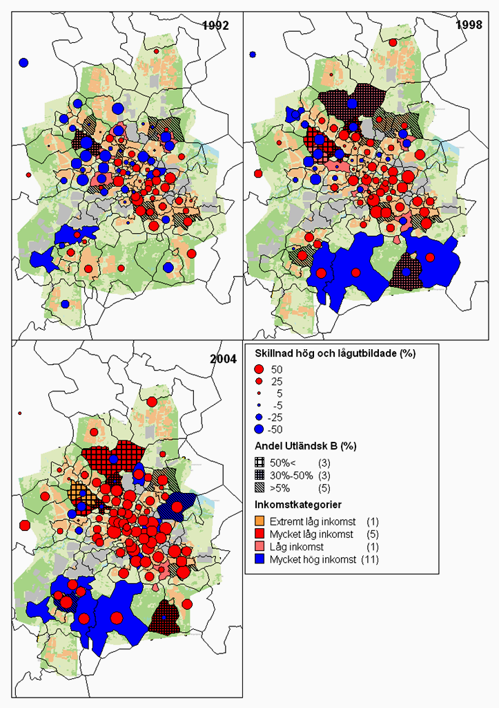 År 1992 kan vi se att områden med låg inkomst också har en hög andel individer med låg utbildning.