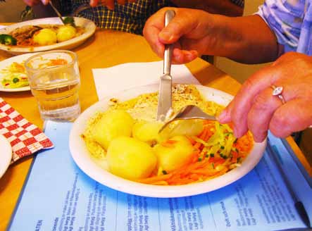 Smakpanelens intryck Panelen gjorde sin provsmakning på terrassen utanför matsalen. De två rätterna man fick välja mellan var hjortragu och köttfärs med tomatsås.