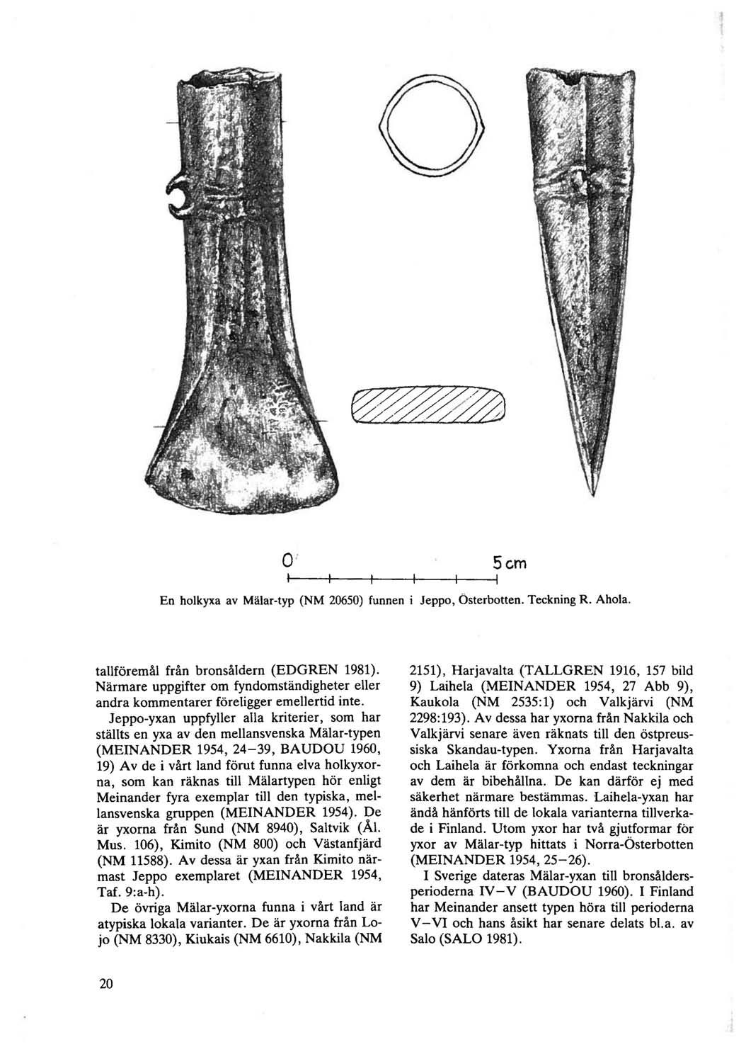 0: Scm I En holkyxa av Miilar-typ (NM 20650) funnen i Jeppo, Osterbotten. Teckning R. Ahola. tallforemal fran bronsaidern (EDGREN 1981).